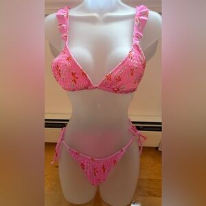 New!! Gorgeous Pink Shirred Floral Triangle Bikini Top and Tie Bottoms (Mediun)